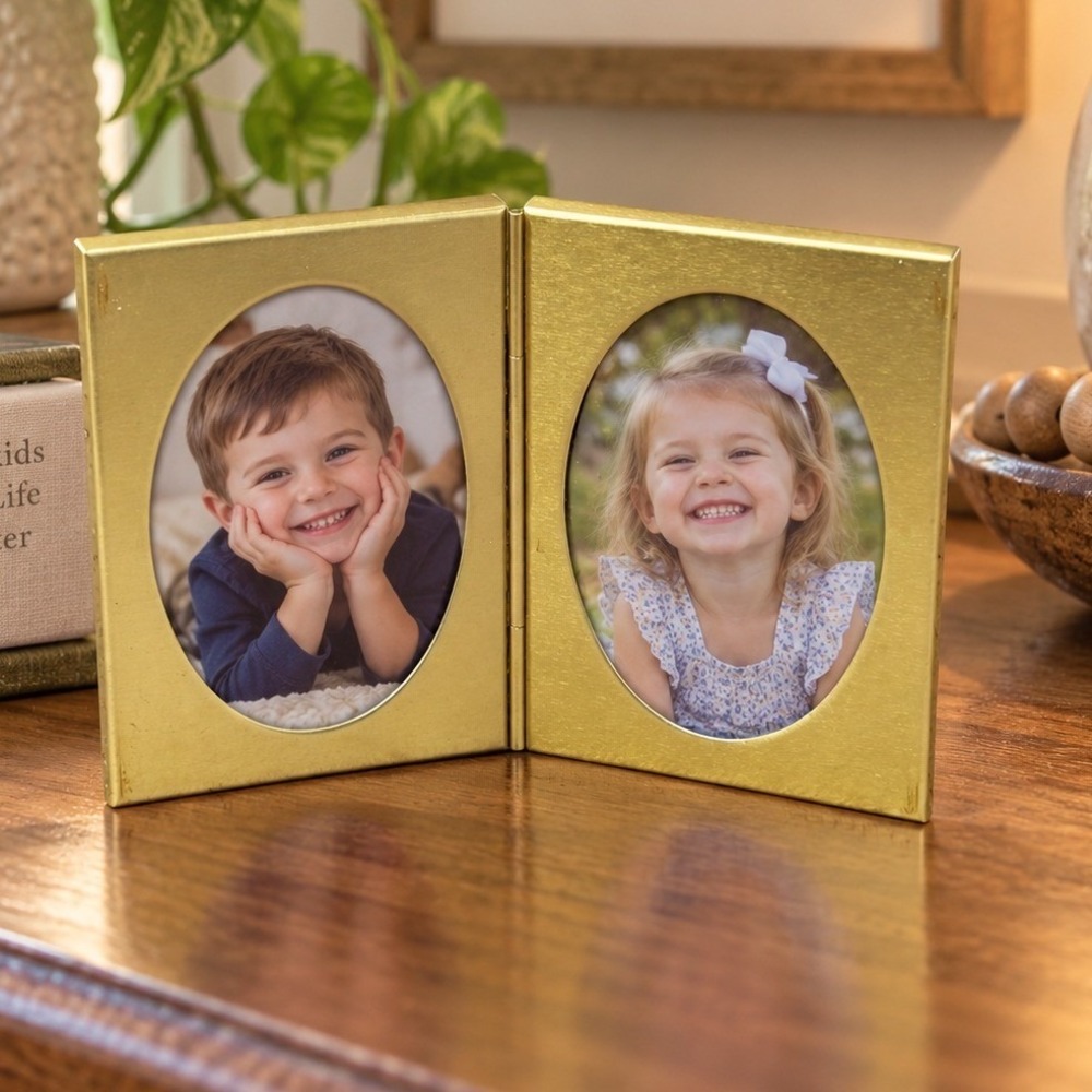 Vintage Mini Gold Tone Double Picture Frame Hinged Folding Oval Photo